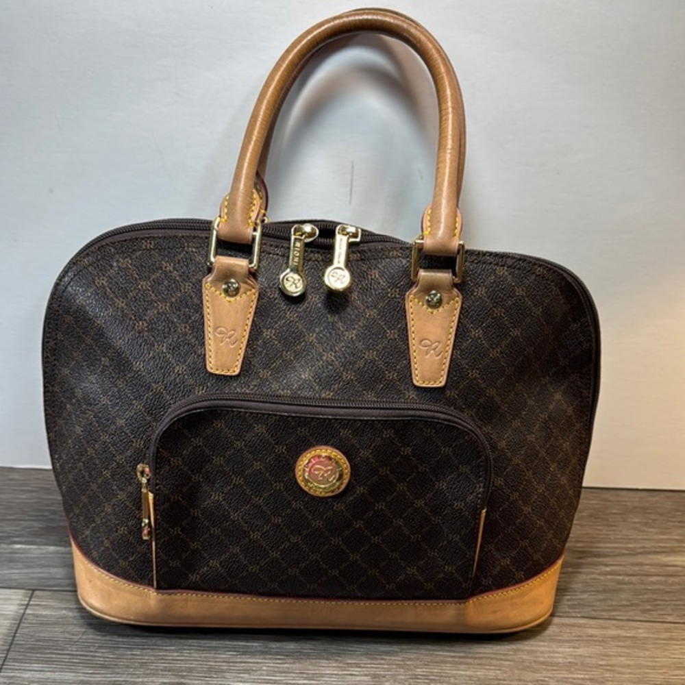 Rioni Brown and Tan Handbag with Gold Accents